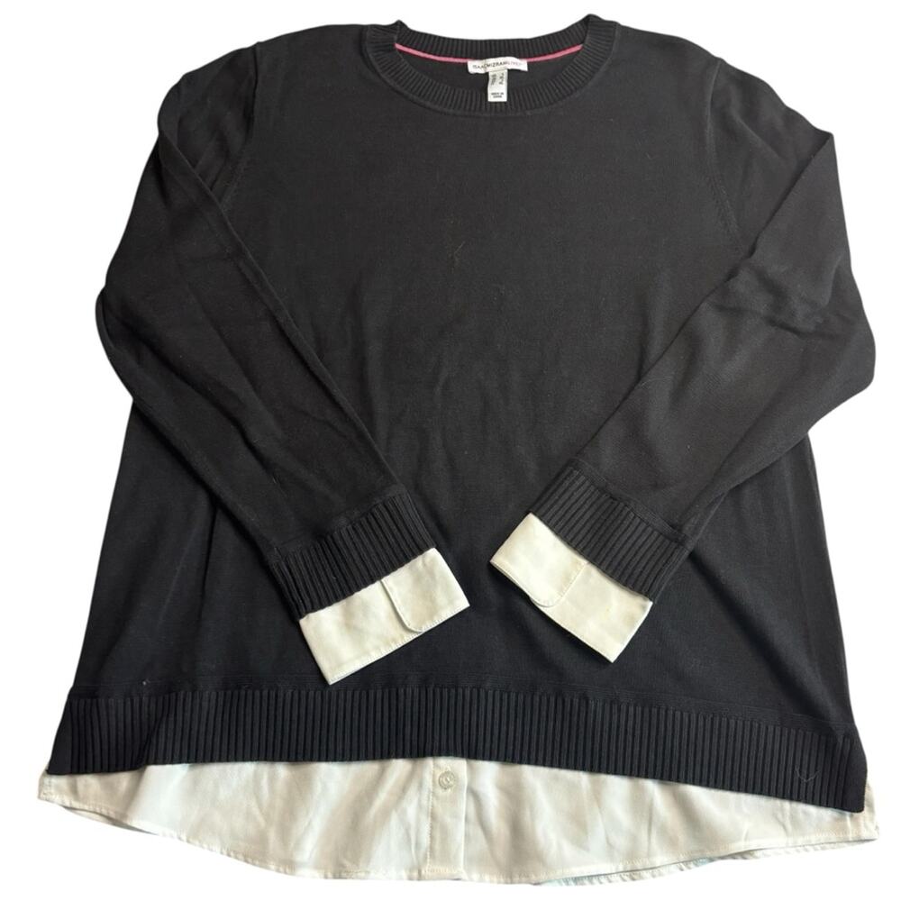 Isaac Mizrahi Layered Sweater – Black Knit with White Shirt Accent, Size L